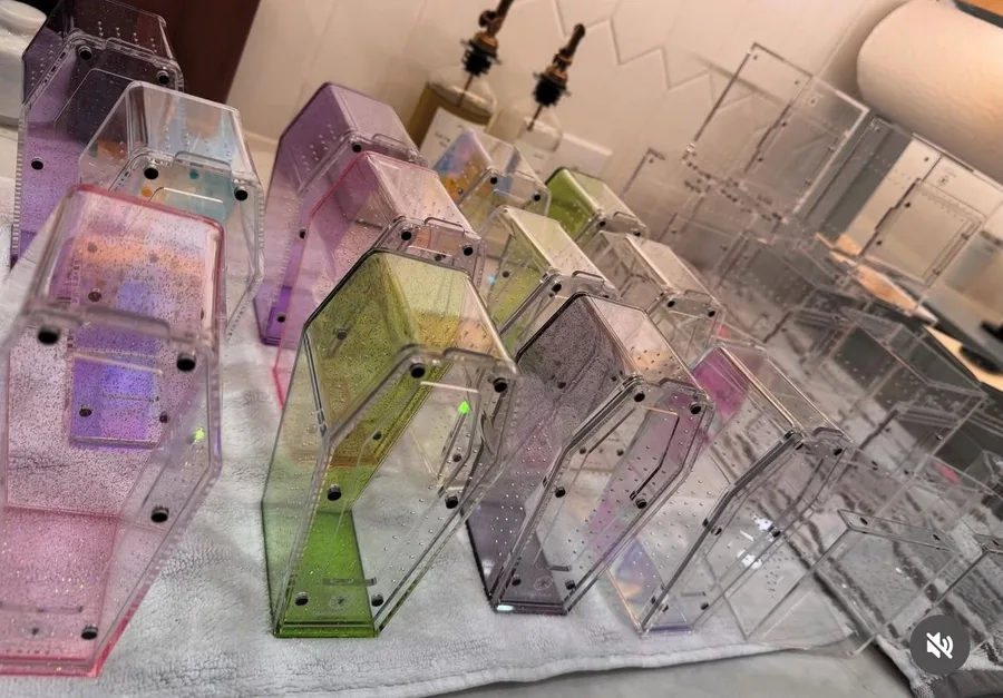 Rows of freshly cleaned acrylic enclosures