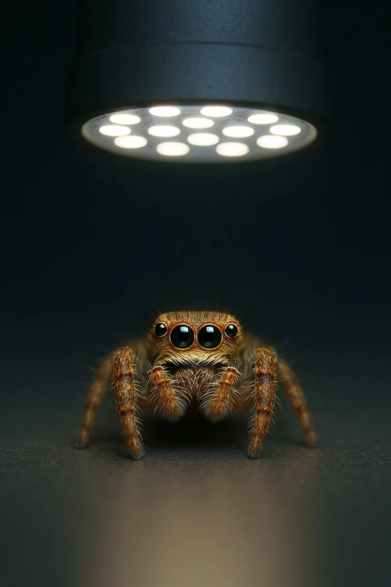 Jumping spider under a round LED lamp