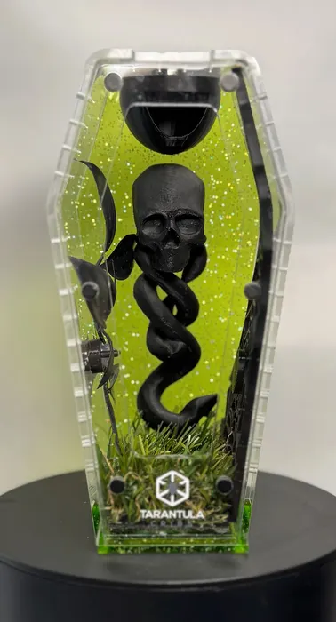 Coffin enclosure with a green skull and black serpent