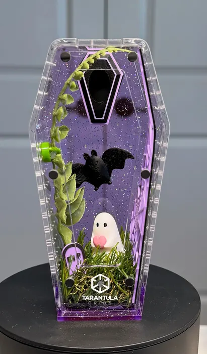 Purple coffin enclosure with a bat and ghost