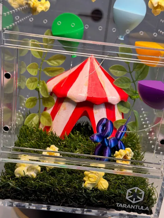 Circus tent enclosure with balloons and popcorn