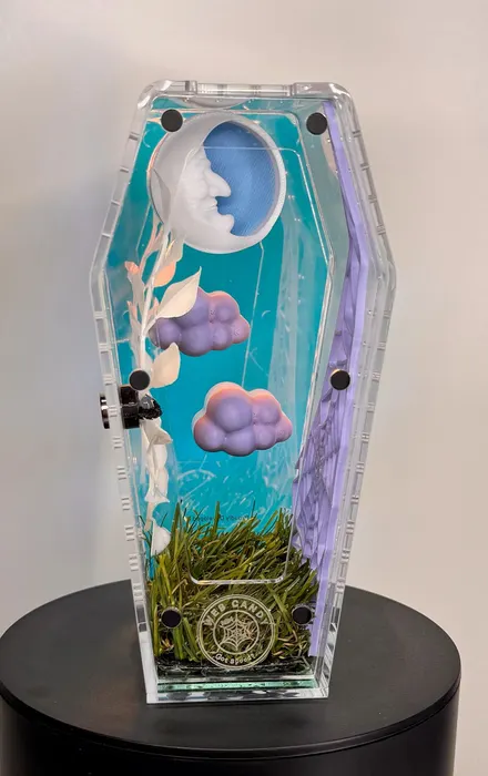 Teal coffin enclosure with a moon and clouds