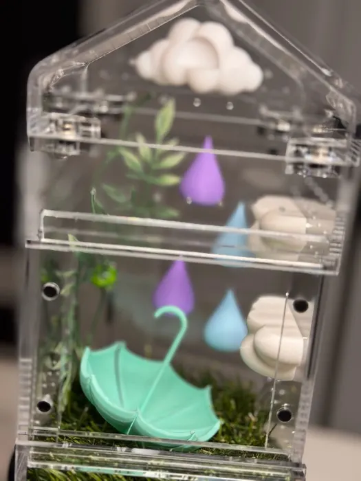Enclosure with rain clouds and a teal umbrella