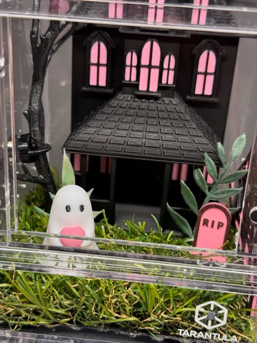 House enclosure with a ghost on a pink porch