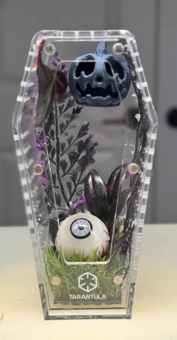 Coffin enclosure with a blue skull and an eyeball