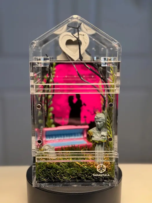 Silhouette couple enclosure with pink backdrop and bust