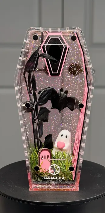 Pink coffin enclosure with a bat and ghost