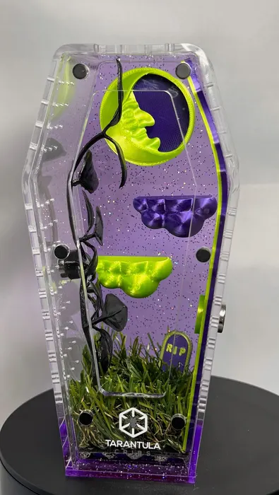 Purple coffin enclosure with a moon and clouds